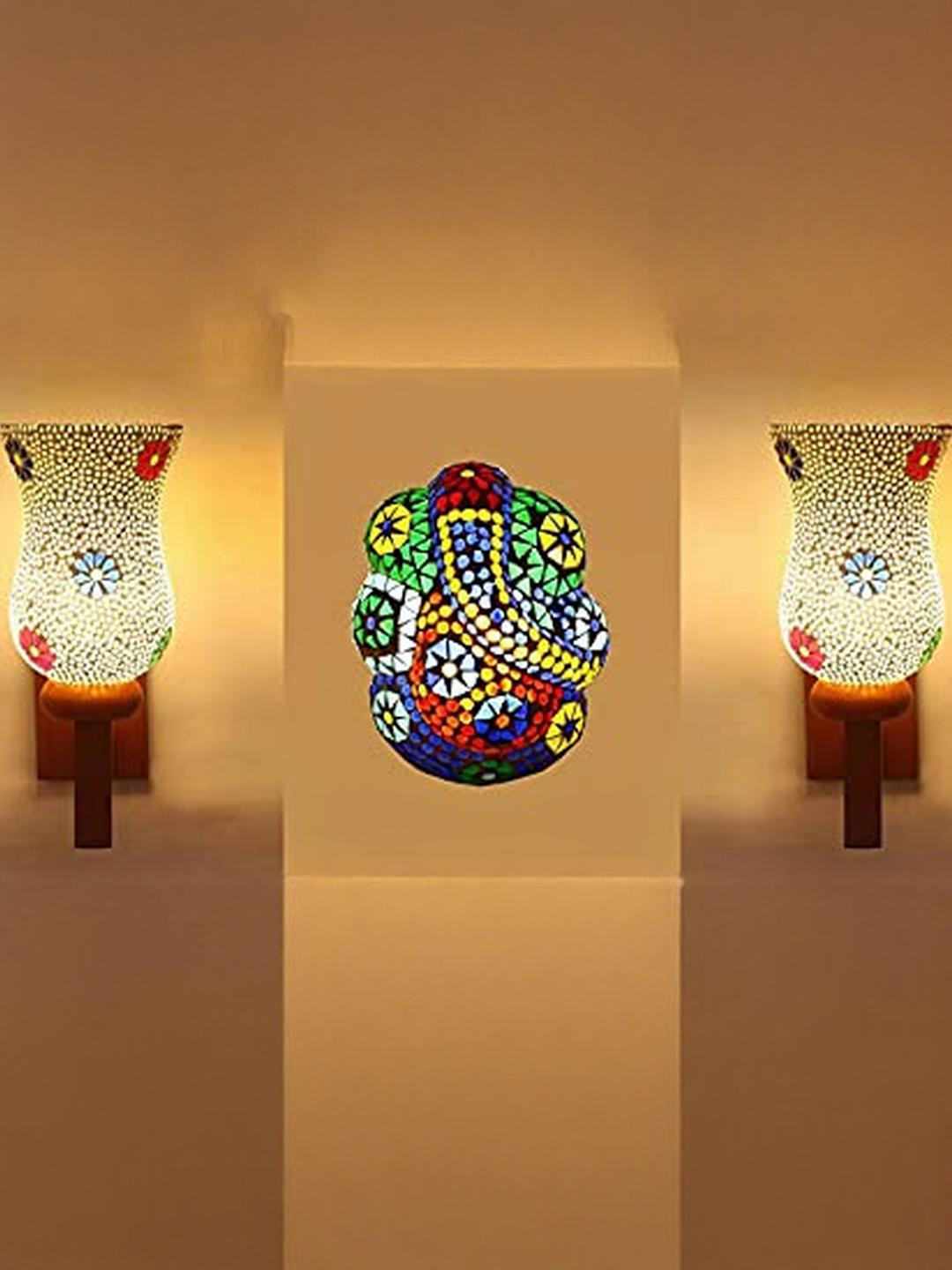 Somil Indore Mosaic Decorative Lamp Combo of Matching Wall Lamp & Blessing God Ganesh Wall Lamp, Multi Compatible with LED, Size: 13 X 13 X 27 Cm, Pack of 3.