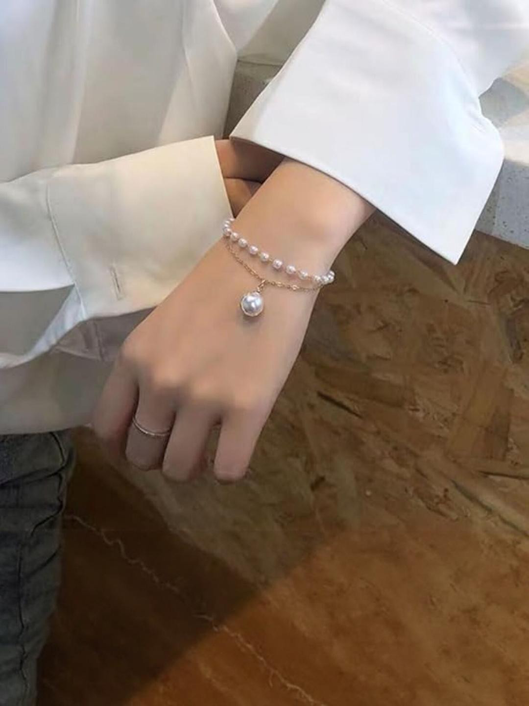 TheVineGirl Trendy Gorgeous Pearl Gold Plated Double Layer Bracelet For Women And Girls