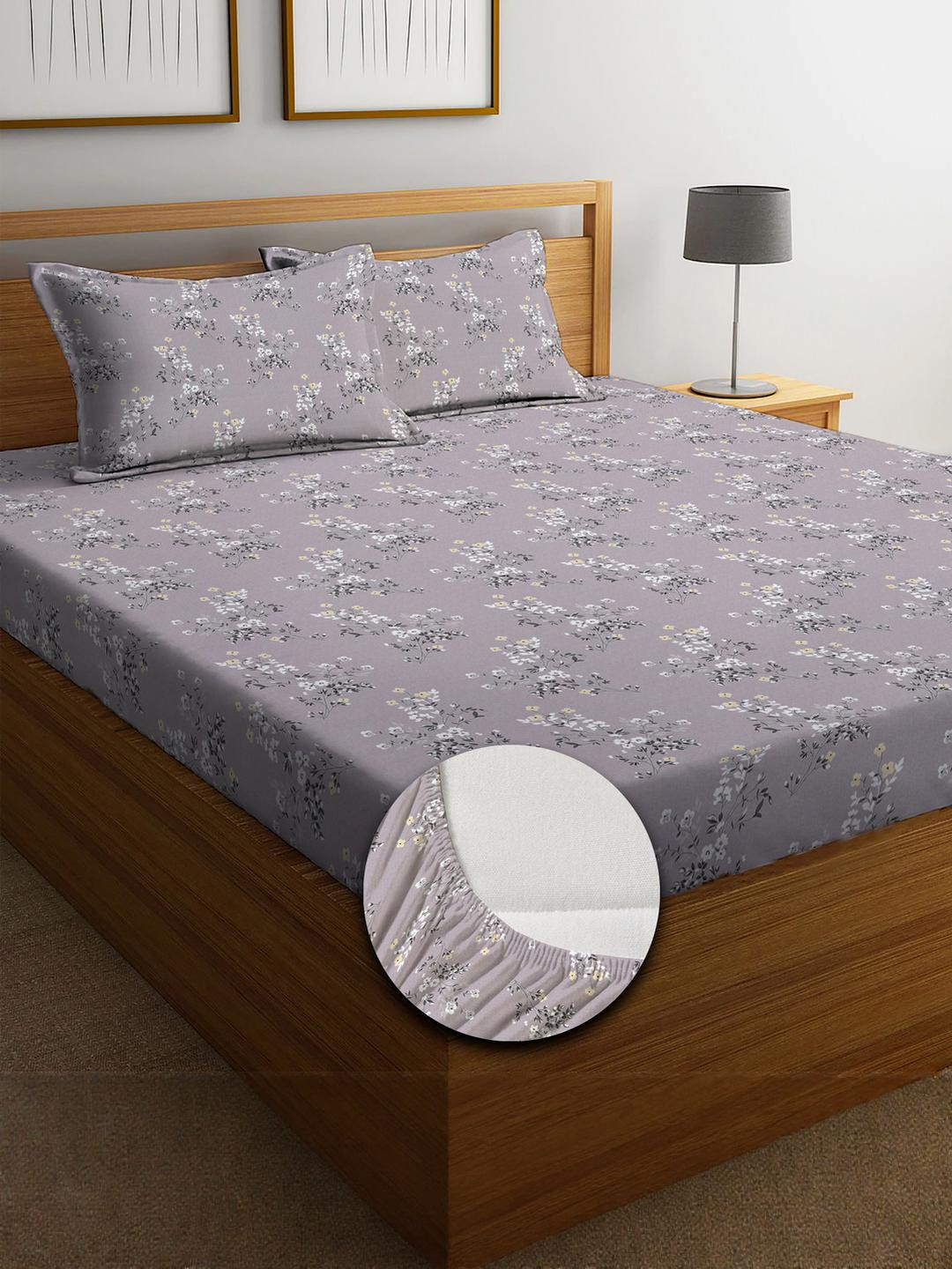 kurry home furnishing Grey Floral Egyptian Cotton King Bedsheet with 2 Pillow Covers