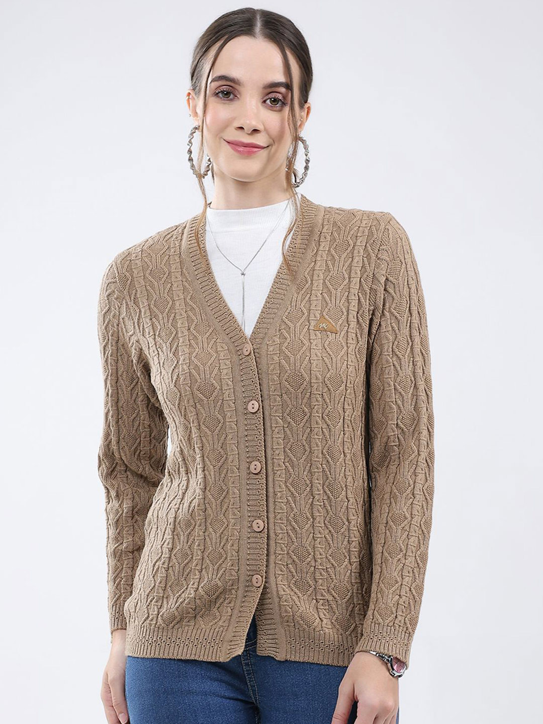 Monte Carlo Women Cable Knit V-Neck Straight Cardigan Sweater