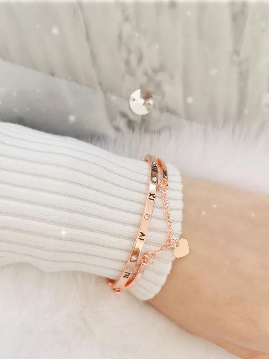 TheVineGirl Roman Numerals Heart Pendant Charm Bangle Bracelet For Women And Girls