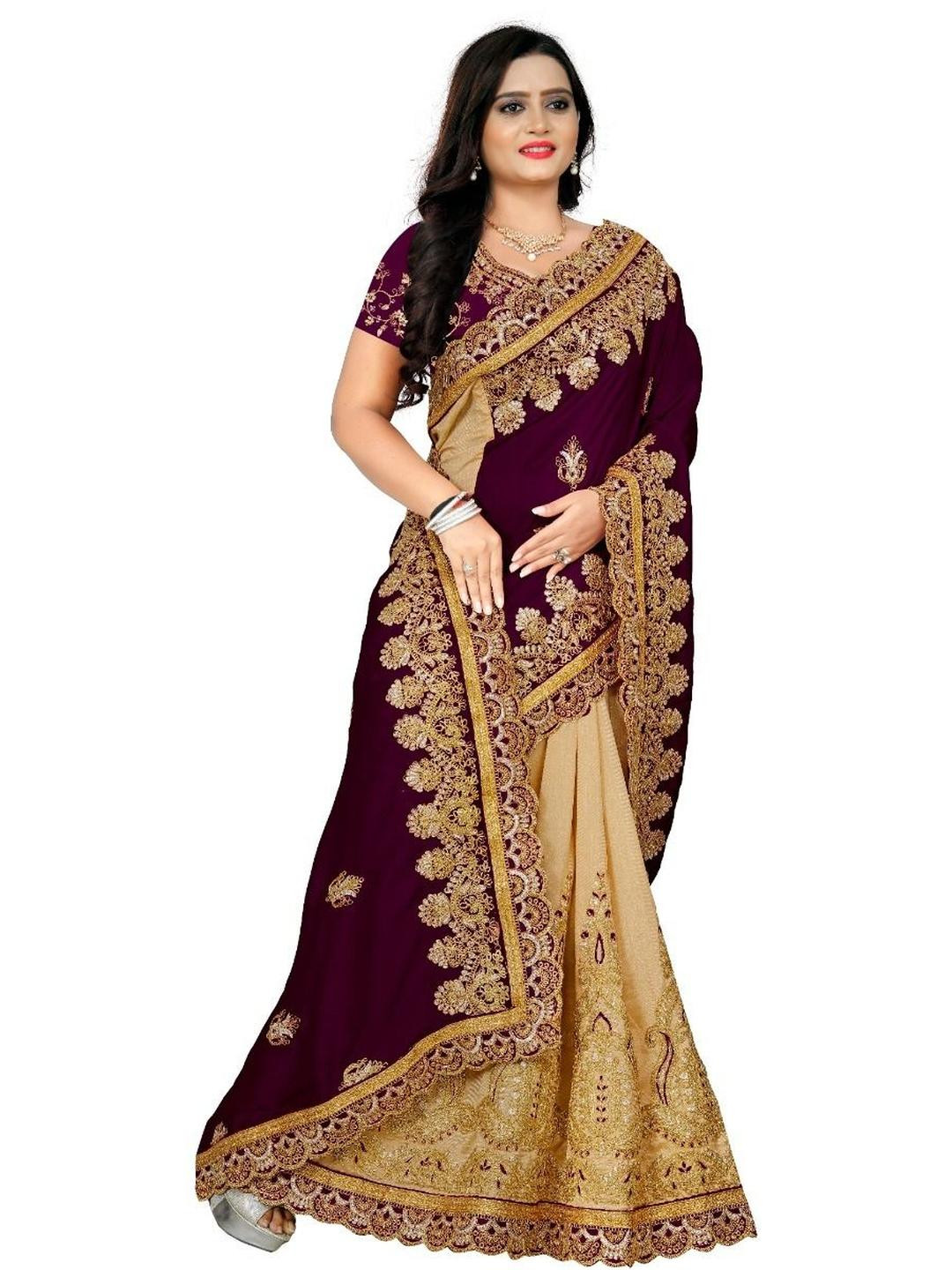 A.G.M.G FASHION Ethnic Motifs Embroidered Silk Blend Half and Half Saree