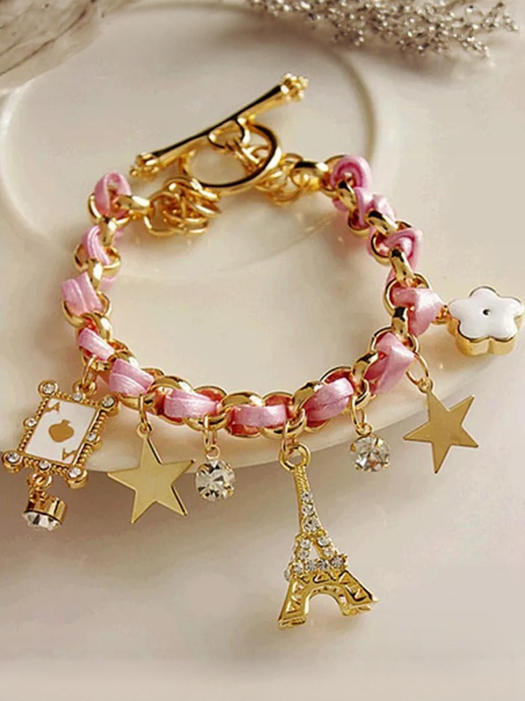TheVineGirl Pink Studded Eiffel Tower Star Charms Adjustable Bracelet For Women And Girls
