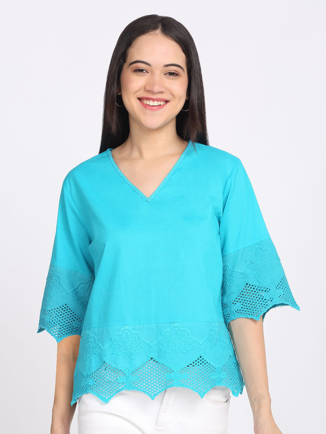 SHAYE Women Embroidered V-Neck Short Sleeve Cotton Top