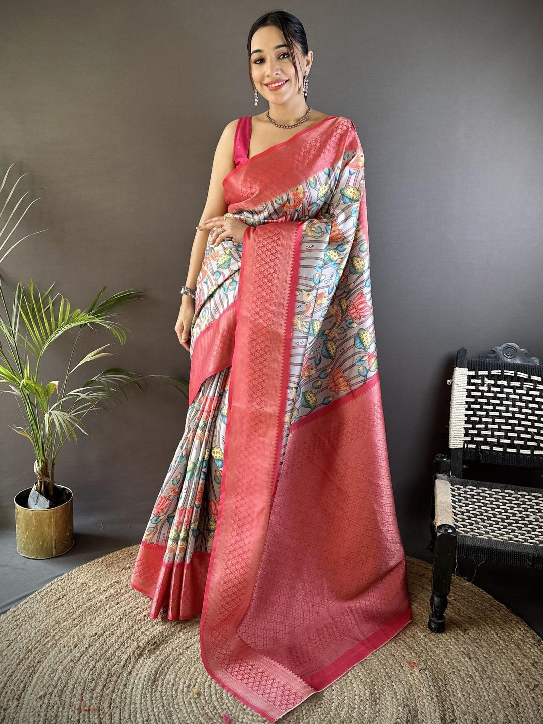 KALINI Soft Lichi Silk Paithani Saree With Unstitched Blouse Piece