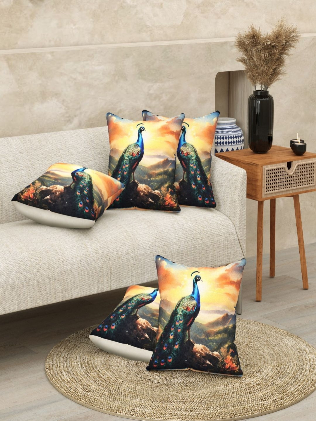 BED-SHEET.COM Yellow & Green Set of 3 Square Cushion Covers