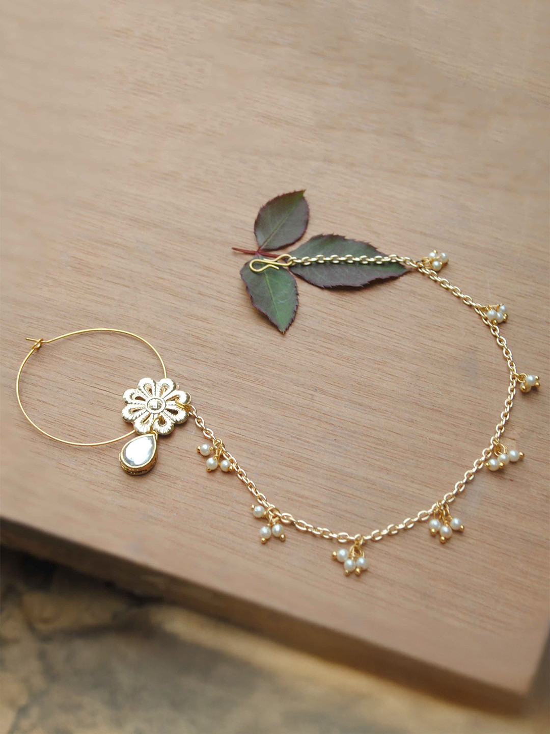 BeAbhika Flower Power Nath Gold-Plated Kundan Studded Ring Nosepin