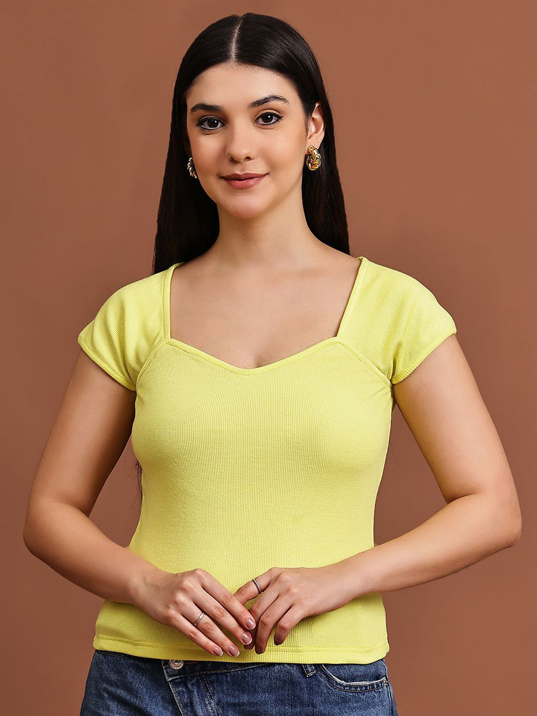 JAKANARY Women  Sweetheart Neck Ribbed Cap Sleeve Top