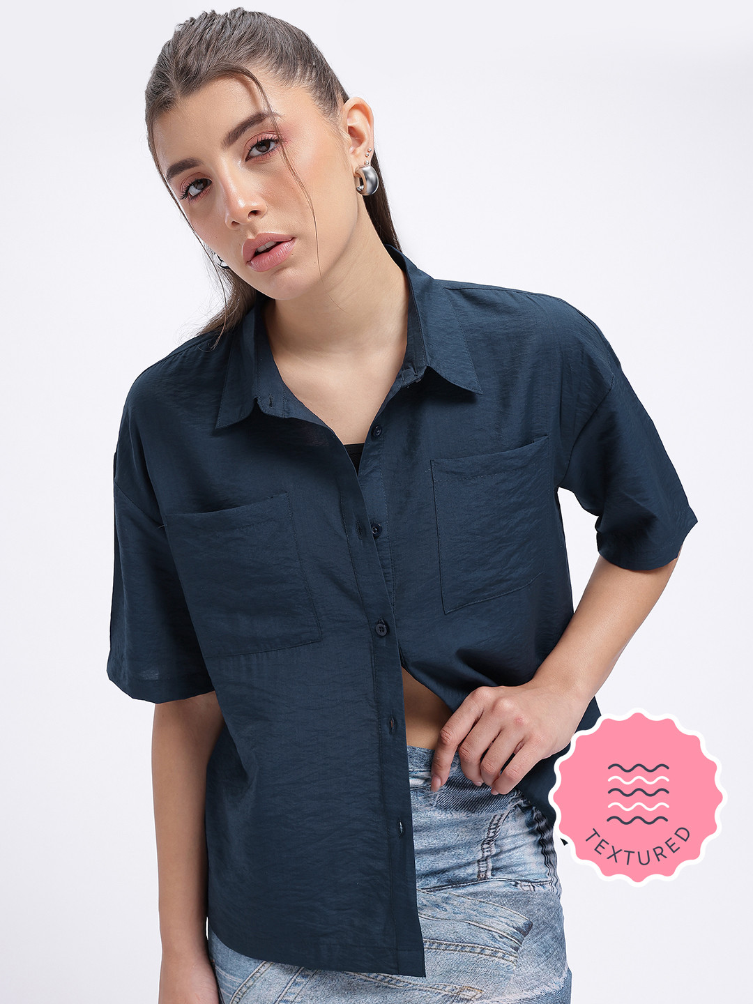 Glitchez Navy Blue Textured Relaxed Shirt