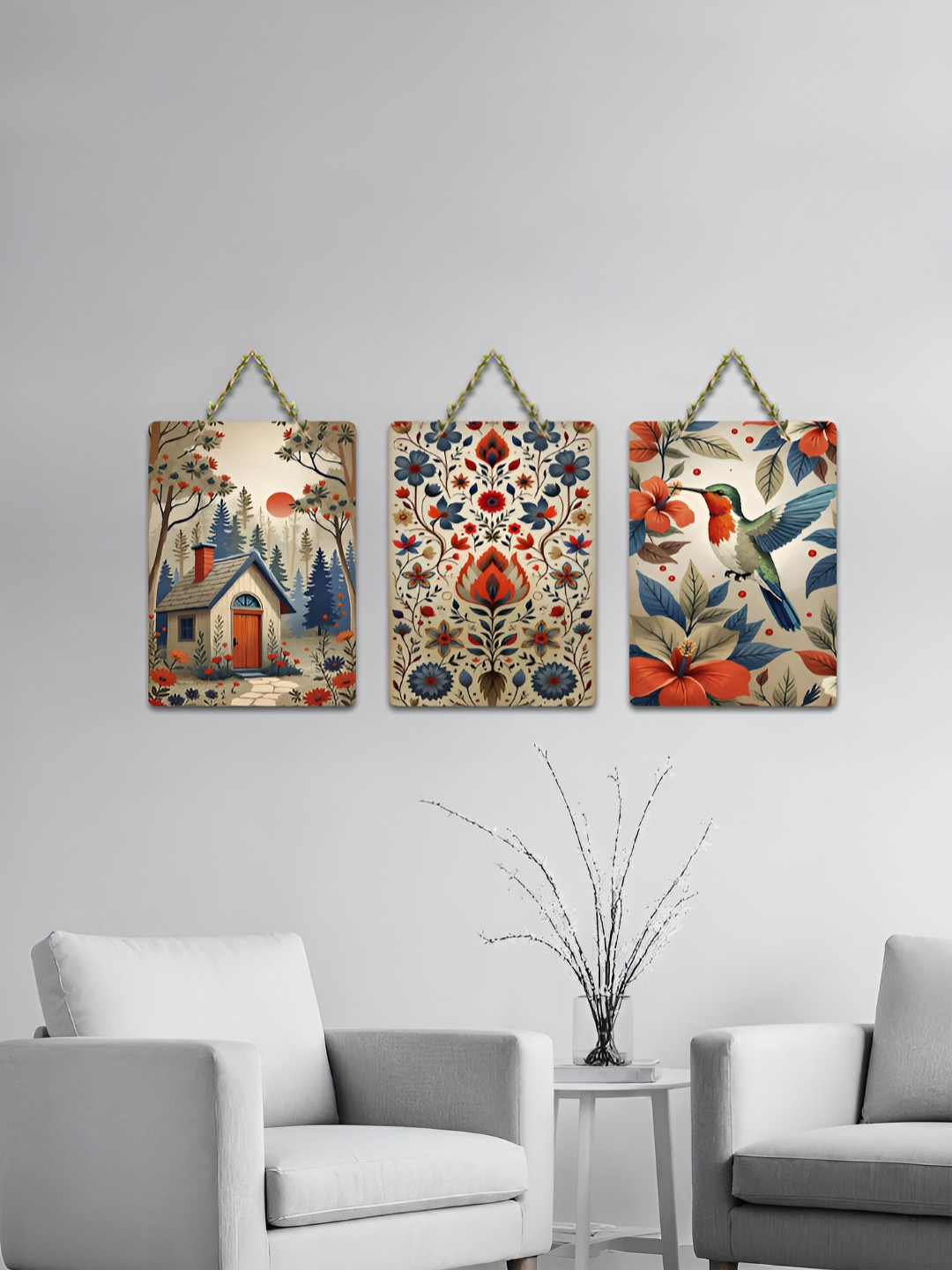 ArtVibes Beige & Blue 3 Pieces Folk Garden Whispers Printed Wooden Hanging Wall Arts