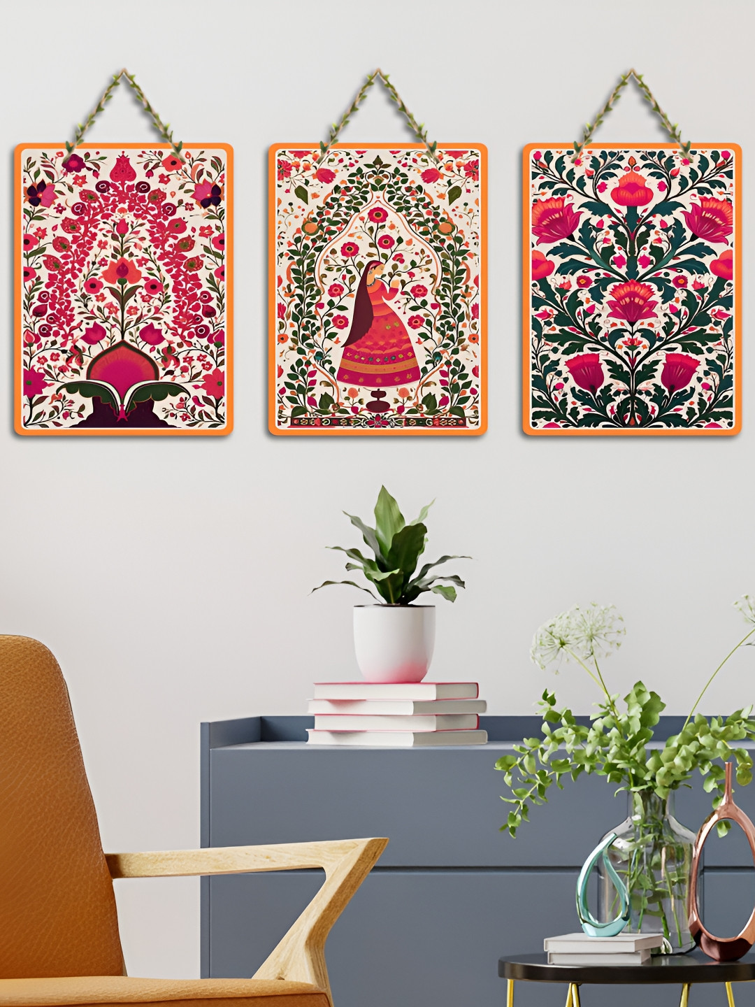 ArtVibes Pink & Green 3 Pieces Pichwai Art Printed Wooden Wall Hanging Decor