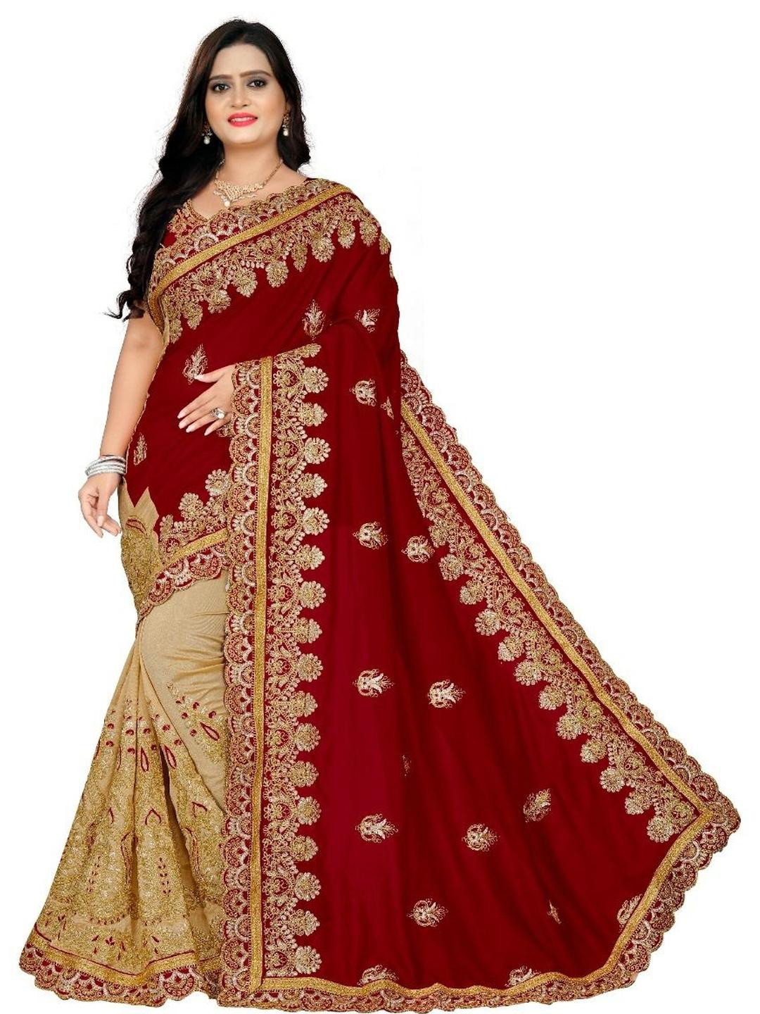 A.G.M.G FASHION Ethnic Motifs Embroidered Silk Blend Half and Half Saree