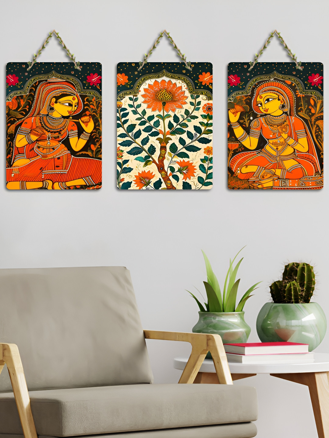 ArtVibes Red & Beige 3 Pieces Phad Art Printed Wooden Hanging Wall Arts