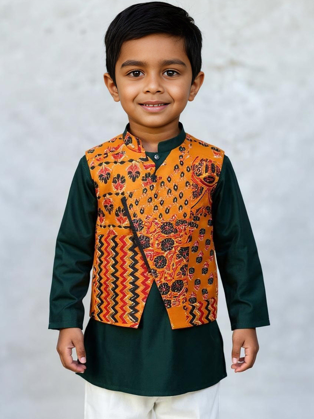 Sangria Boys Printed Pure Cotton Kurta With Pyjamas & Jacket