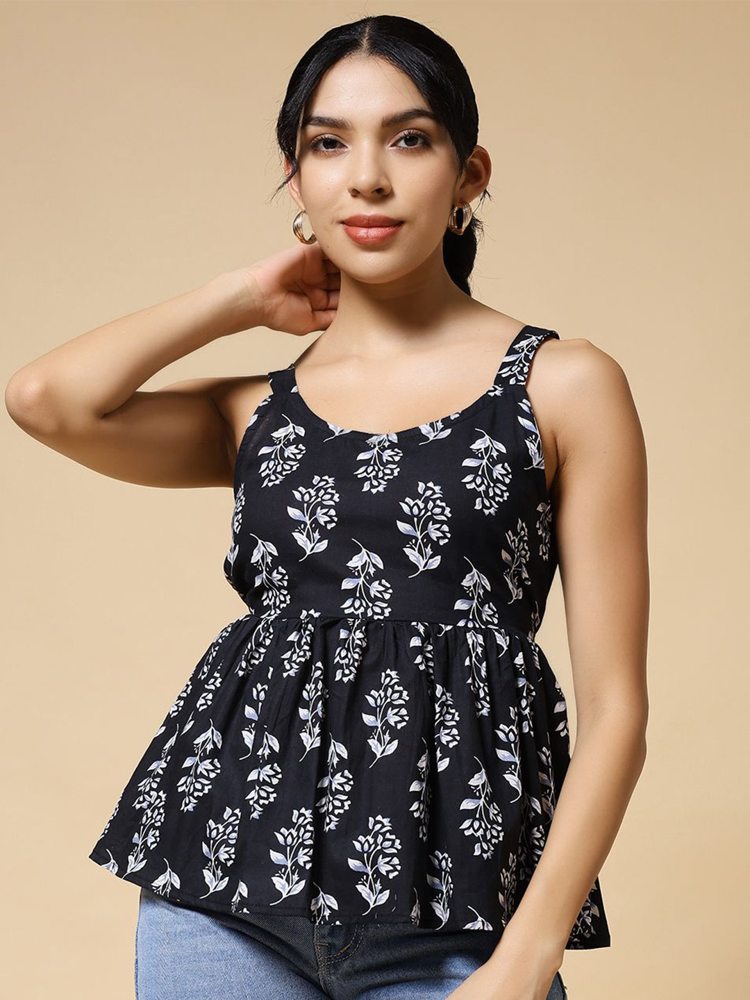Womenster cotton printed strappy top for women Floral Sleeveless Peplum Regular Top
