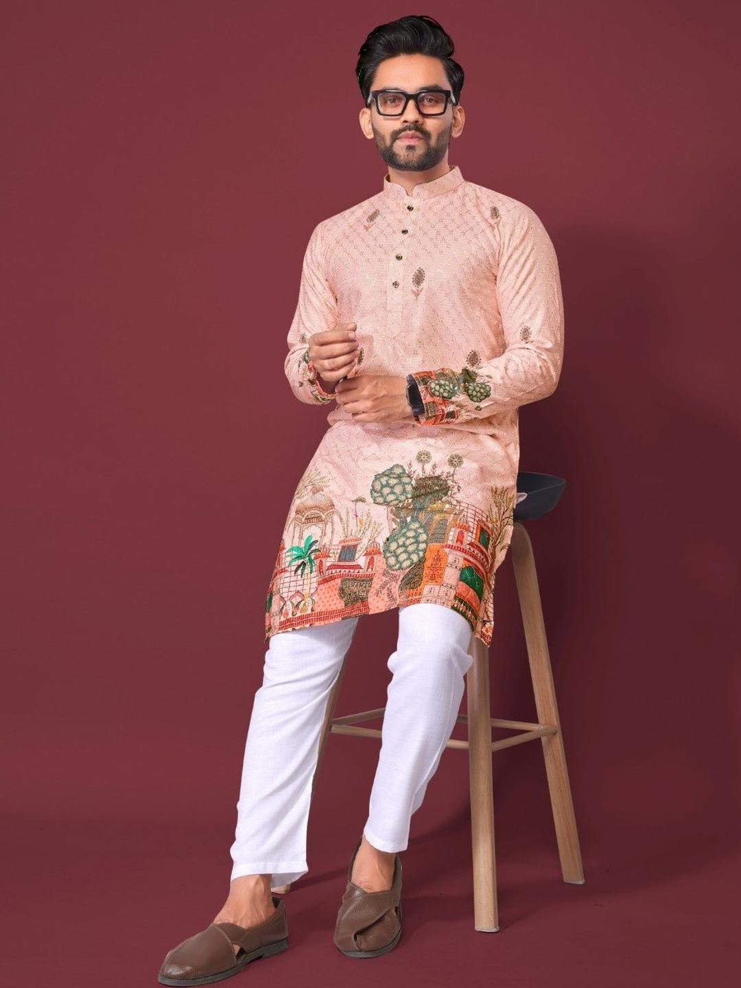 LADY BERRY Men Floral Printed Sequinned Shadow Work Kurta