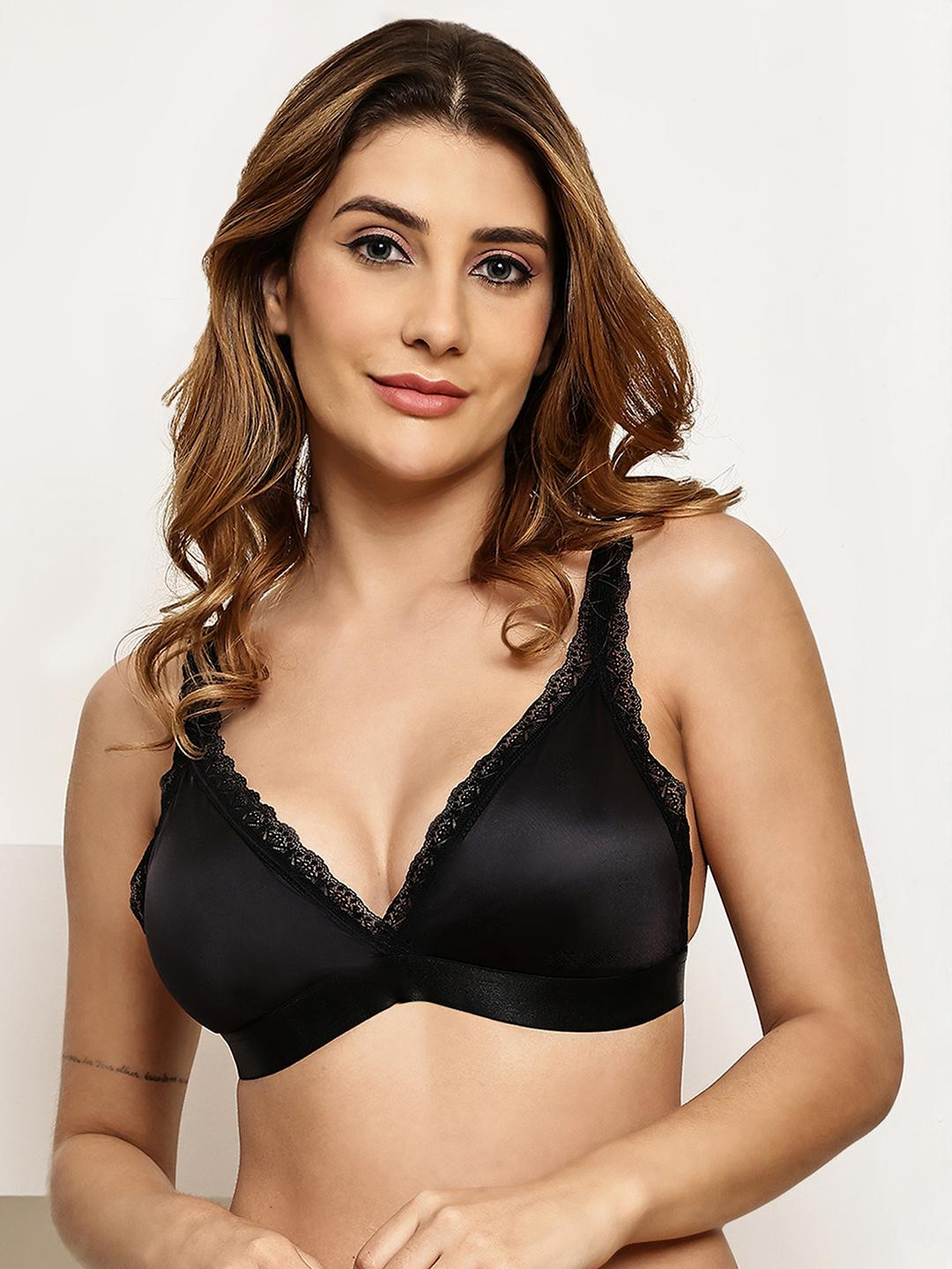 PrettyCat Black Underwired Satin Plunge Bra