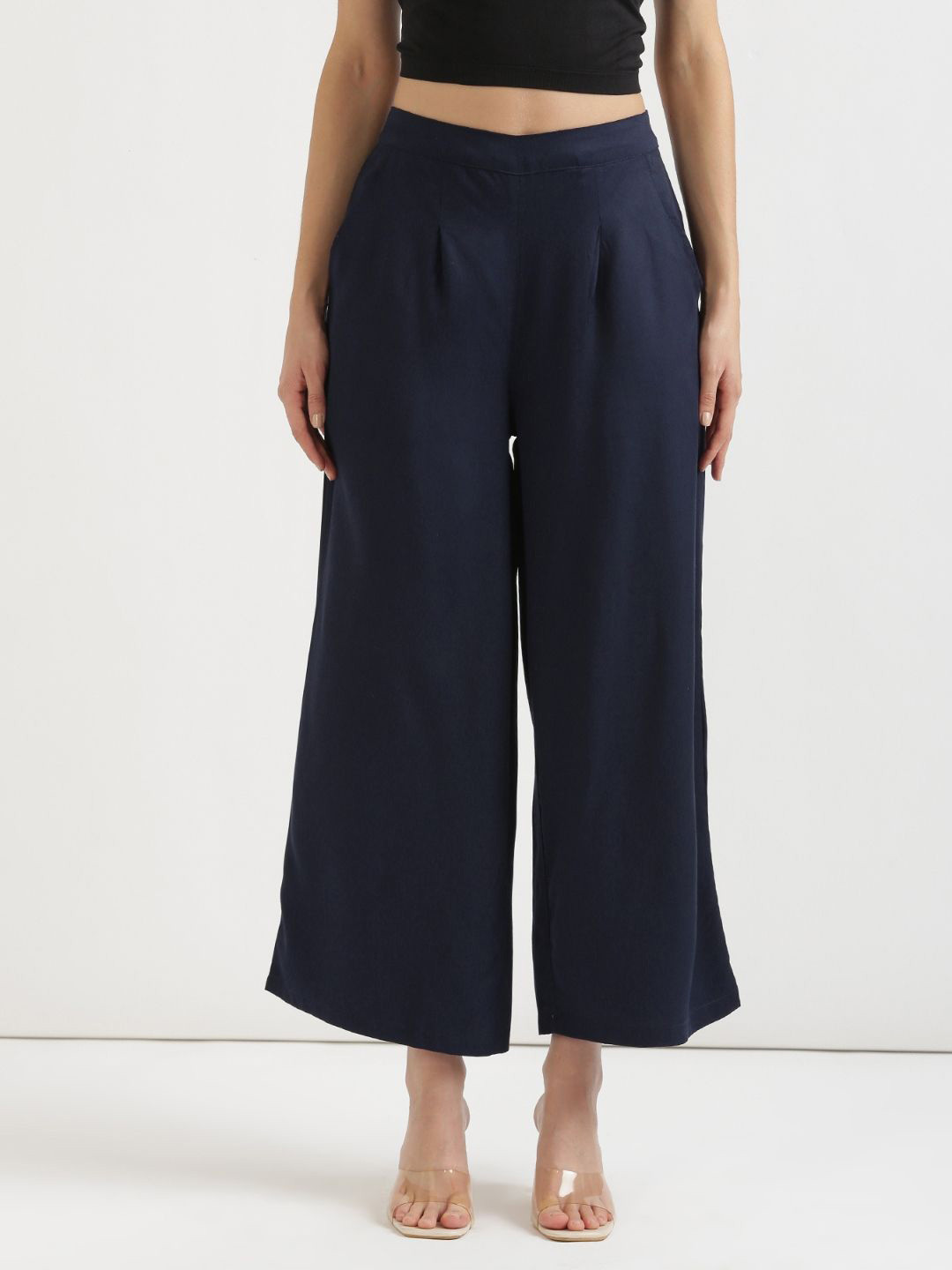 SAADAA Women Navy Blue Wide Leg Mid Rise Elasticated Waistband Viscose Palazzo