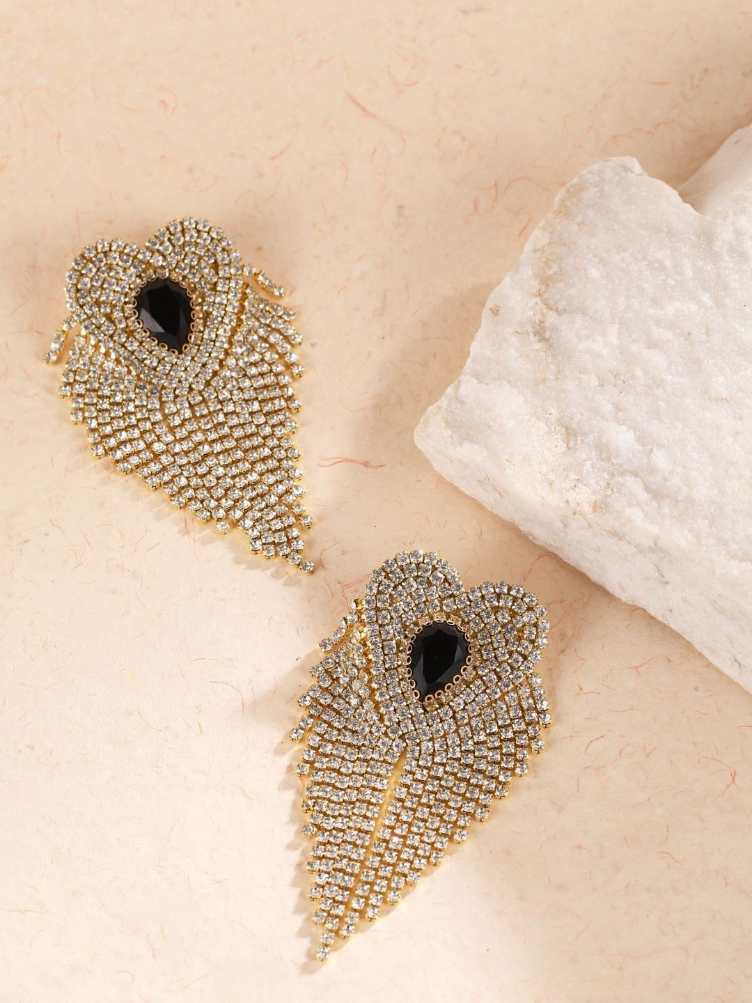 StyleCast Gold-Plated Rhinestone Studded Heart Shaped Tasselled Drop Earrings