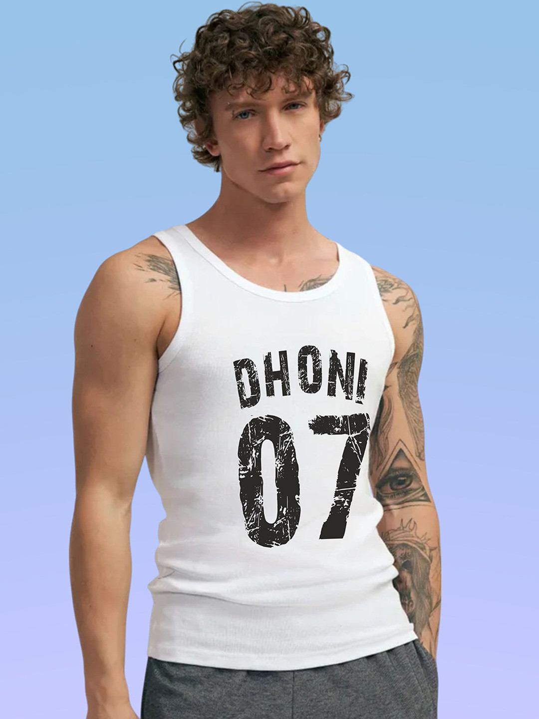 Uniplanet store Printed Scoop Neck Gym Vest UVM-LG-DHONI-WHT-S