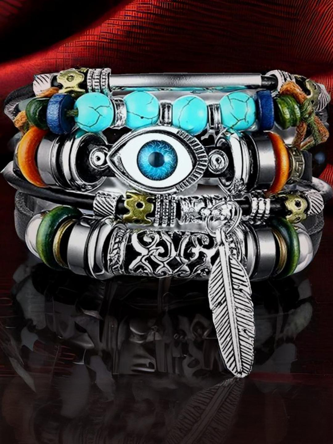 Blue Evil Eye Multi-String Wristband Leather Bracelet For Men