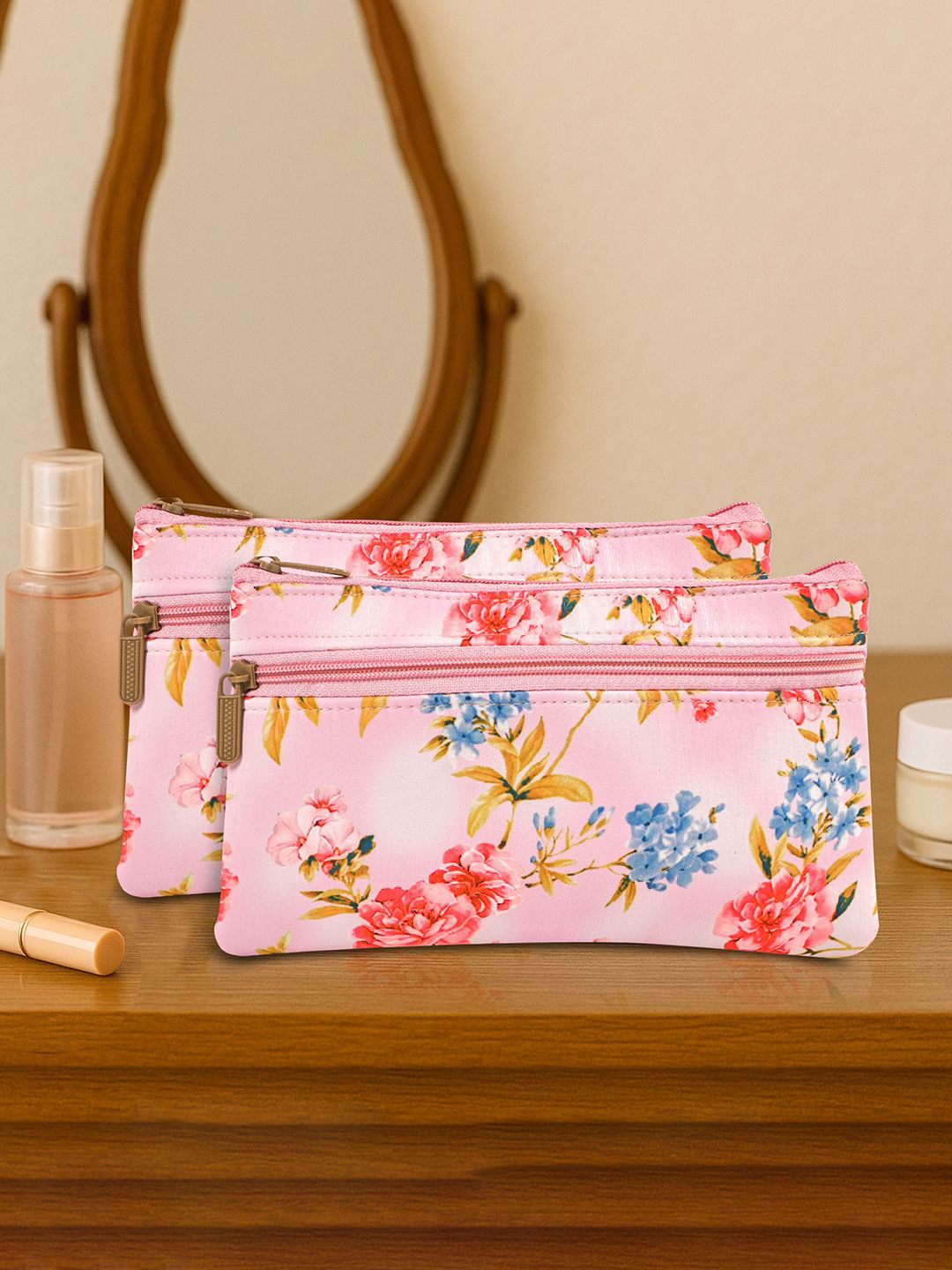 Kuber Industries Set Of 2 Pink Printed Make-Up Pouch