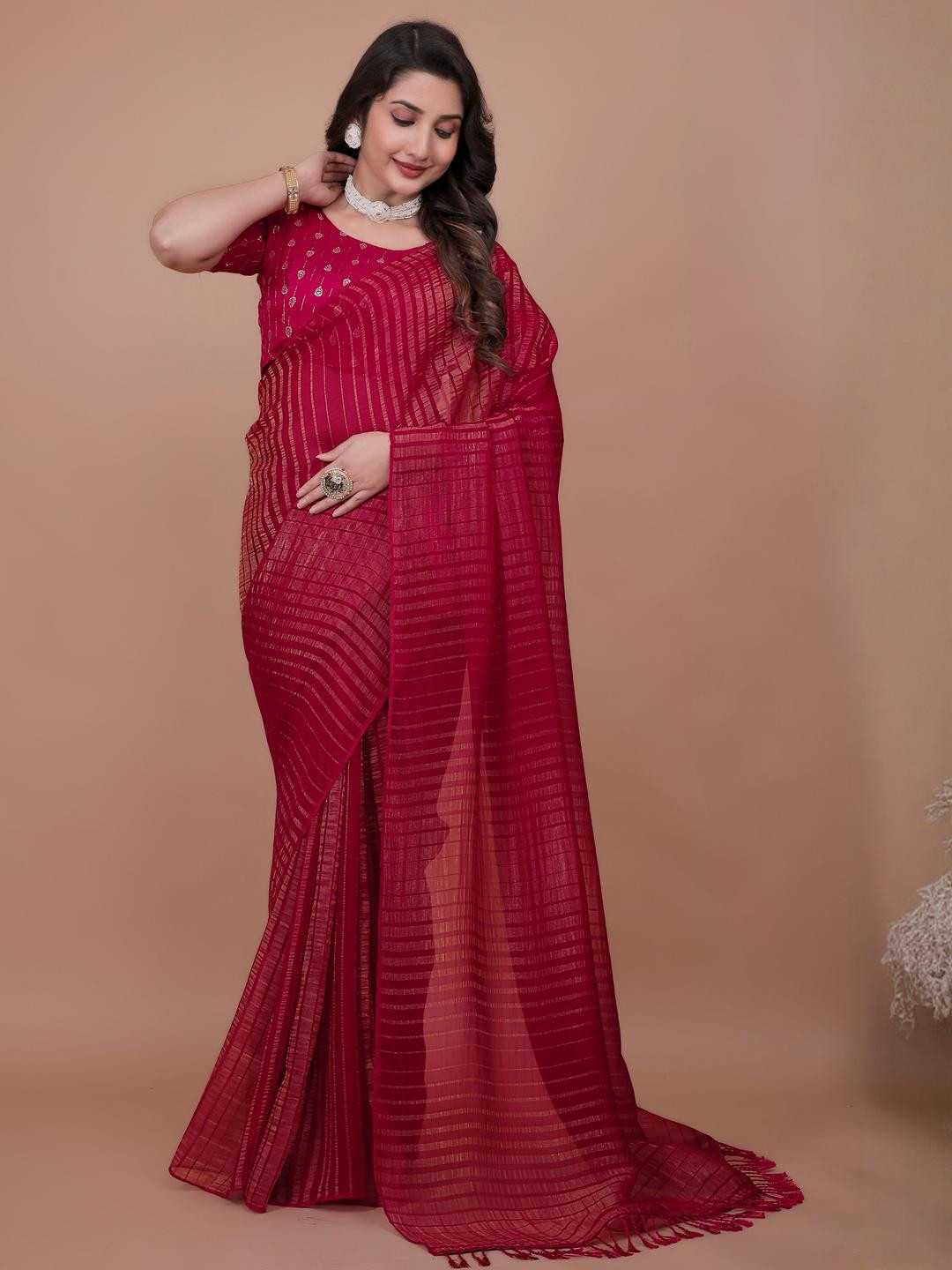 DIVASTRI Soft Georgette Saree With Leheriya Zari Woven And Matching Blouse Piece