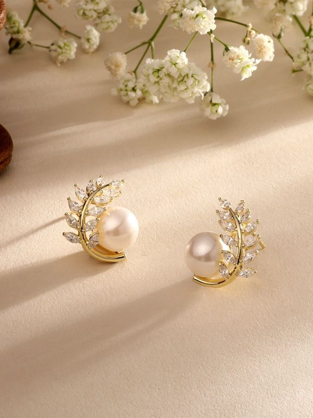 Cierra 18KT Gold-Plated Artificial Stones Studded & Mother Of Pearls Beaded Leaf Studs