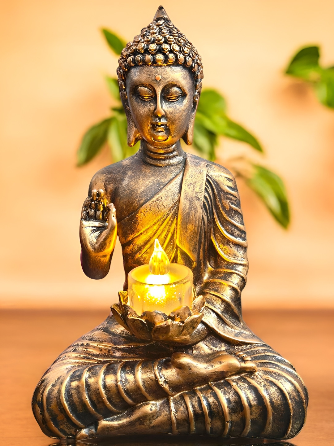 SkyKey Gold-Toned & Black Polyresin Sitting Buddha Idol with Candle Holder Statue