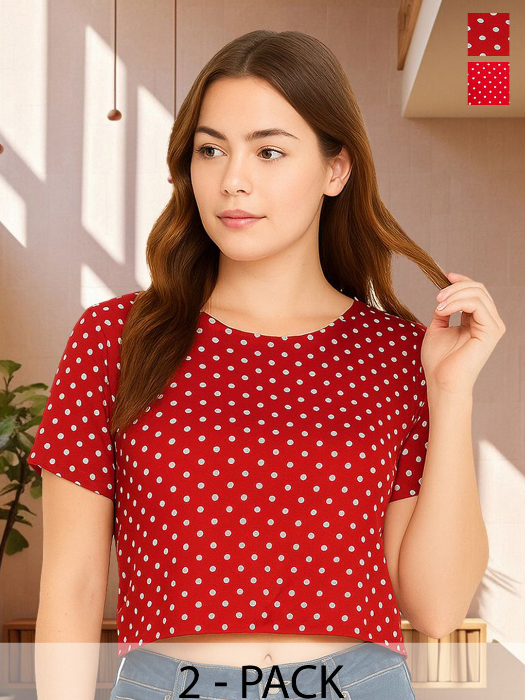 Unicus Apparel Women Pack of 2 Polka Dot Printed Round Neck Short Sleeve Crop Top