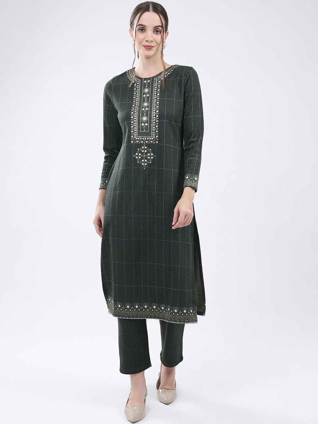 Monte Carlo Women Checked Regular Mirror Work Kurta with Trousers