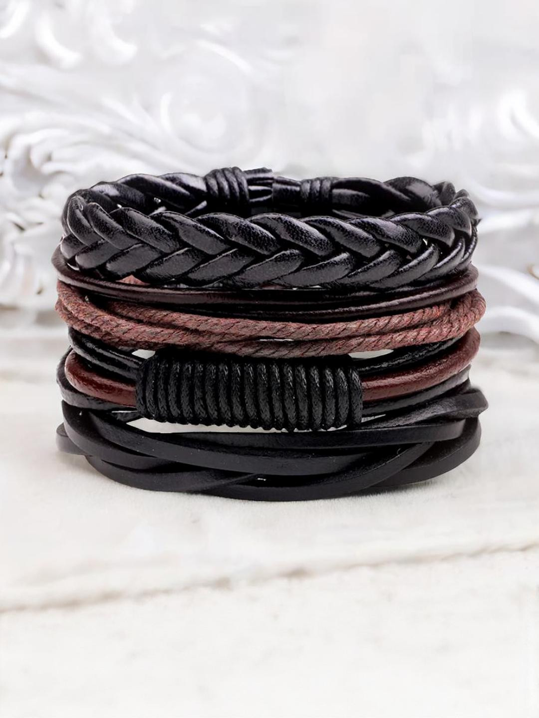 Black-Brown Multilayer Braided Rope Leather Bracelet For Men