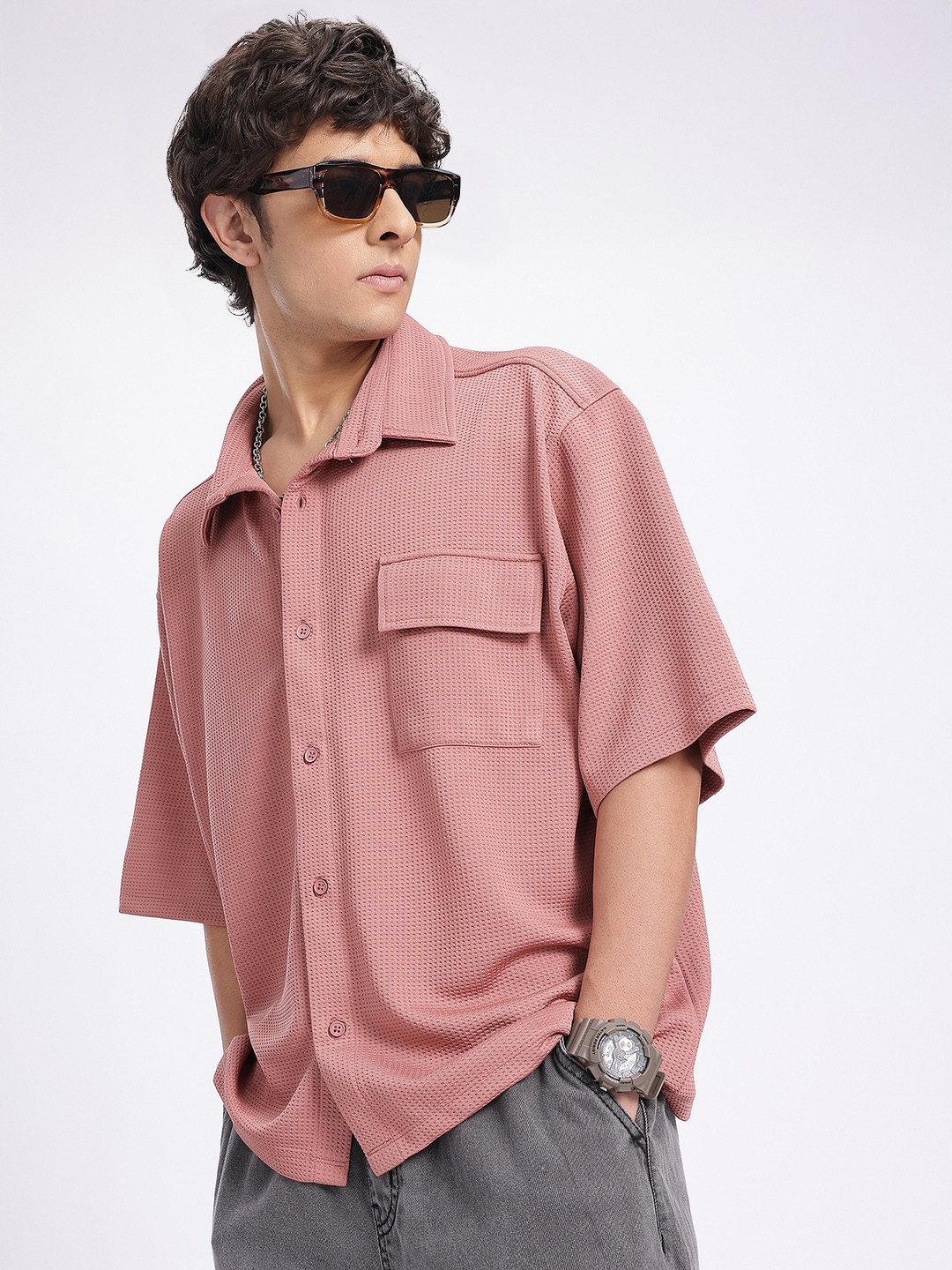 glitchez Textured Relaxed Fit Shirt with Spread Collar
