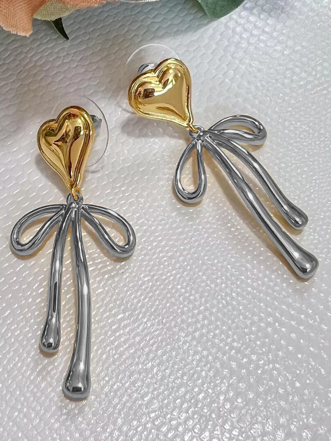 Krelin Gold-Plated Heart and Bow Shaped Dual-Tone Drop Earrings