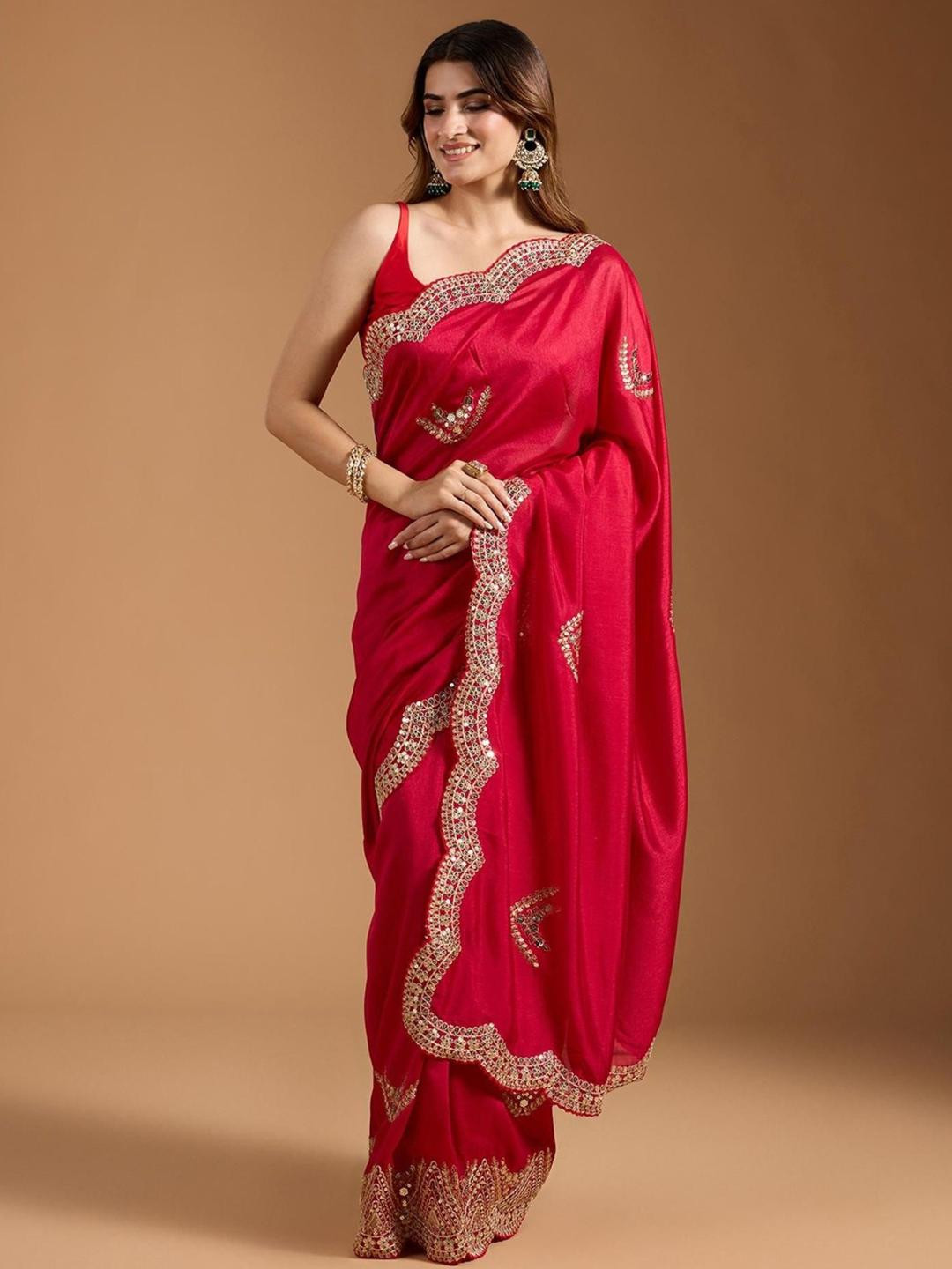 KALINI Vichitra Silk Sequence Work Saree With Unstitched Blouse Piece