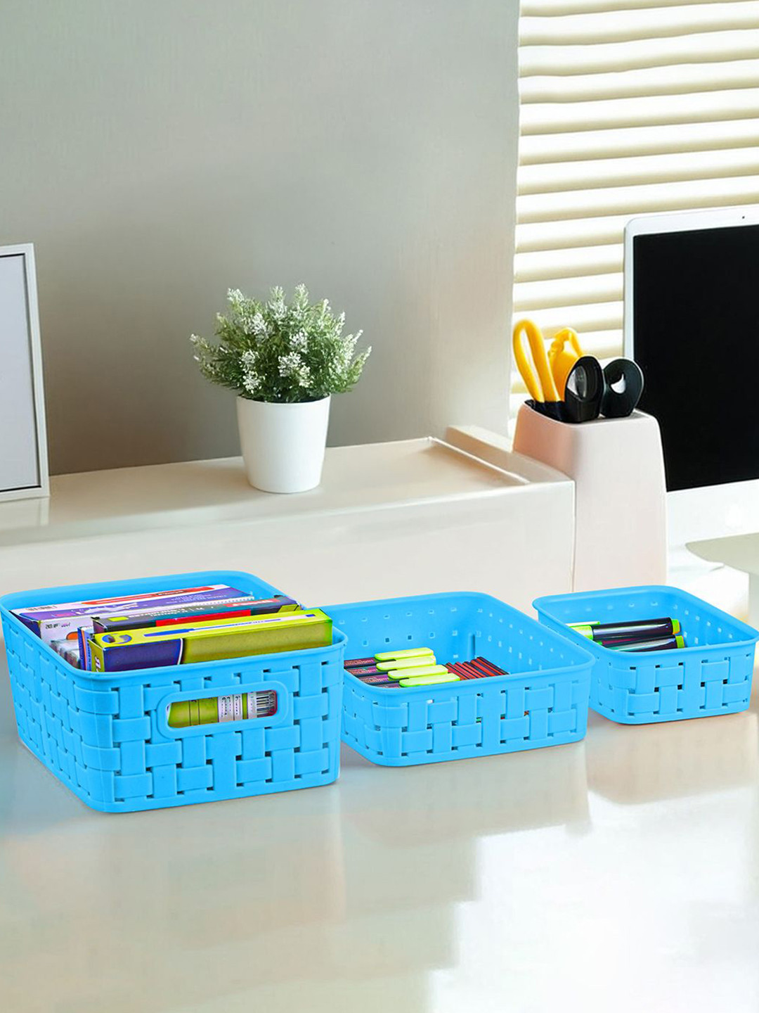 Kuber Industries Set of 3 Blue Desk Organiser Stationery Storage Basket