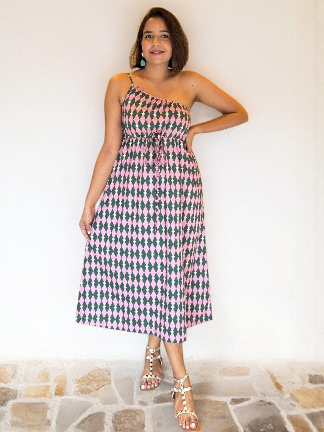 Label Tanvee Checked One Shoulder A-Line Midi Dress