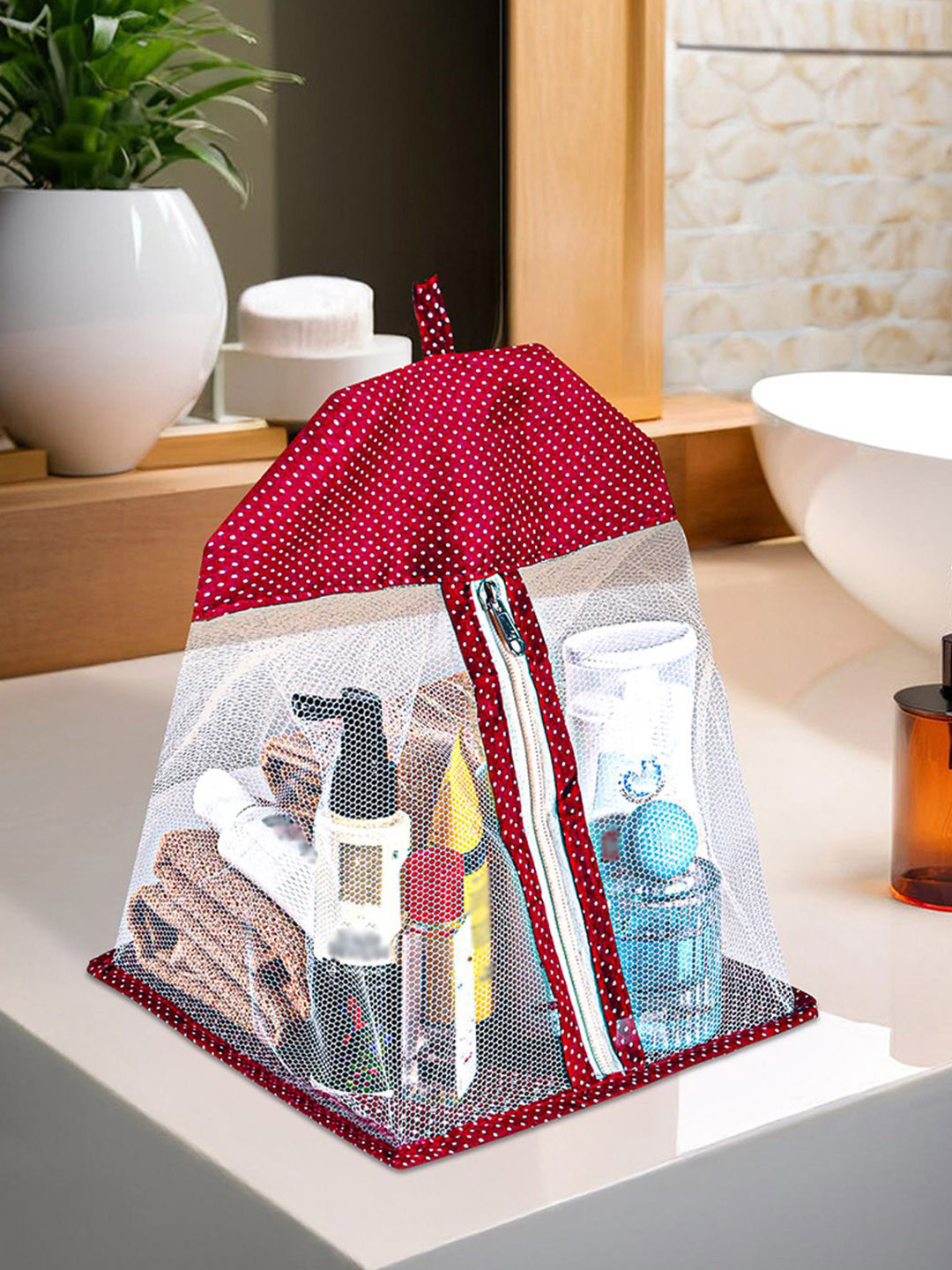 Kuber Industries Maroon & White Printed Cotton Hanging Net Organiser