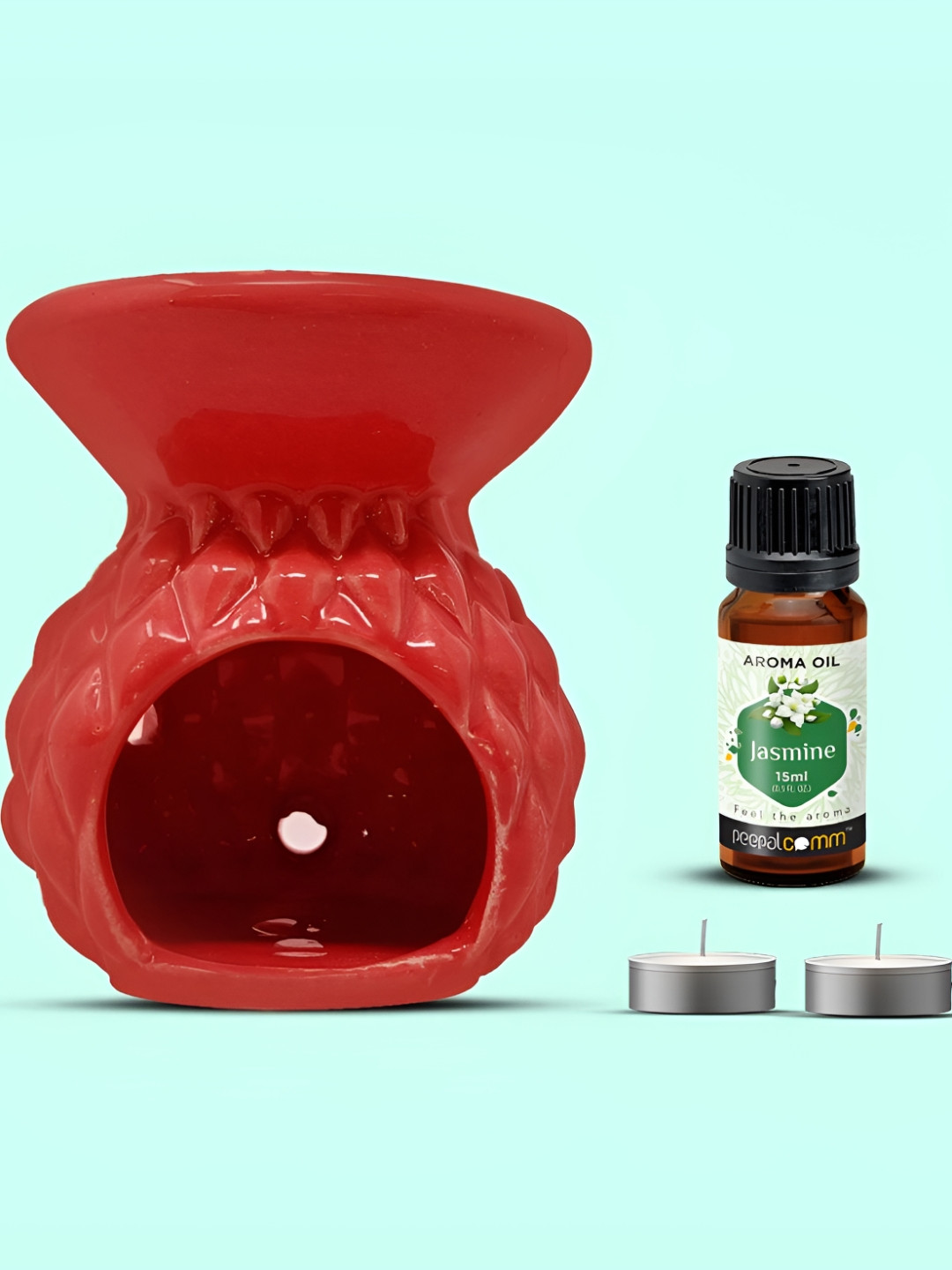 PEEPALCOMM 4Pcs Red Textured Ceramic T-light Aroma Diffuser With Jasmine Oil - 15 ml