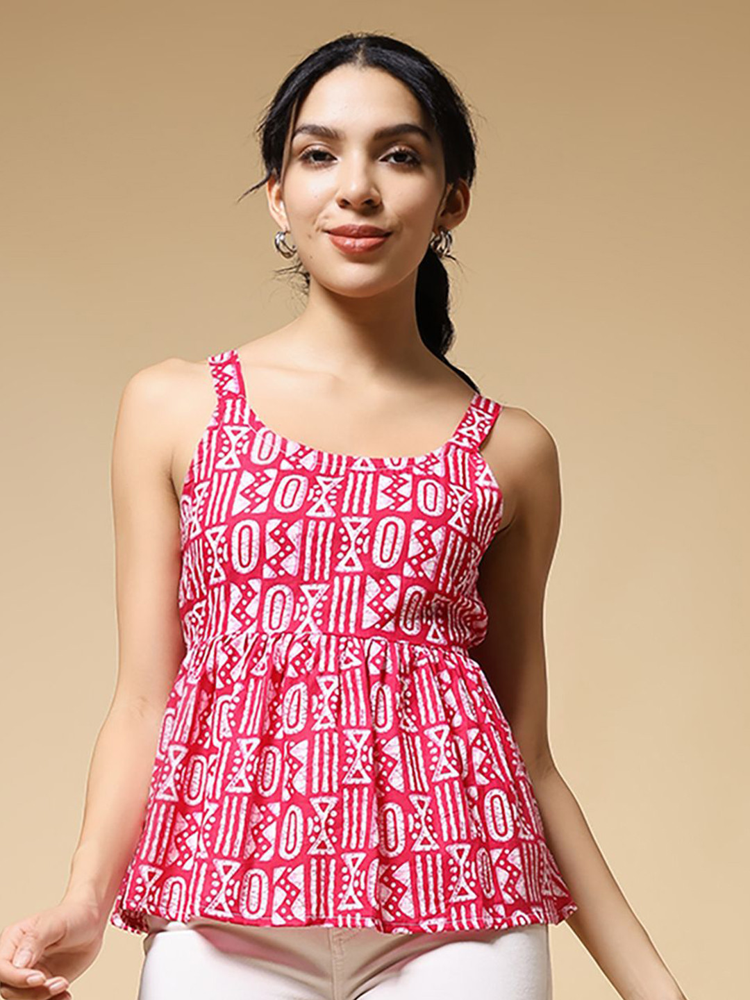 Istyle Can cotton printed strappy top for women Geometric Sleeveless Peplum Regular Top