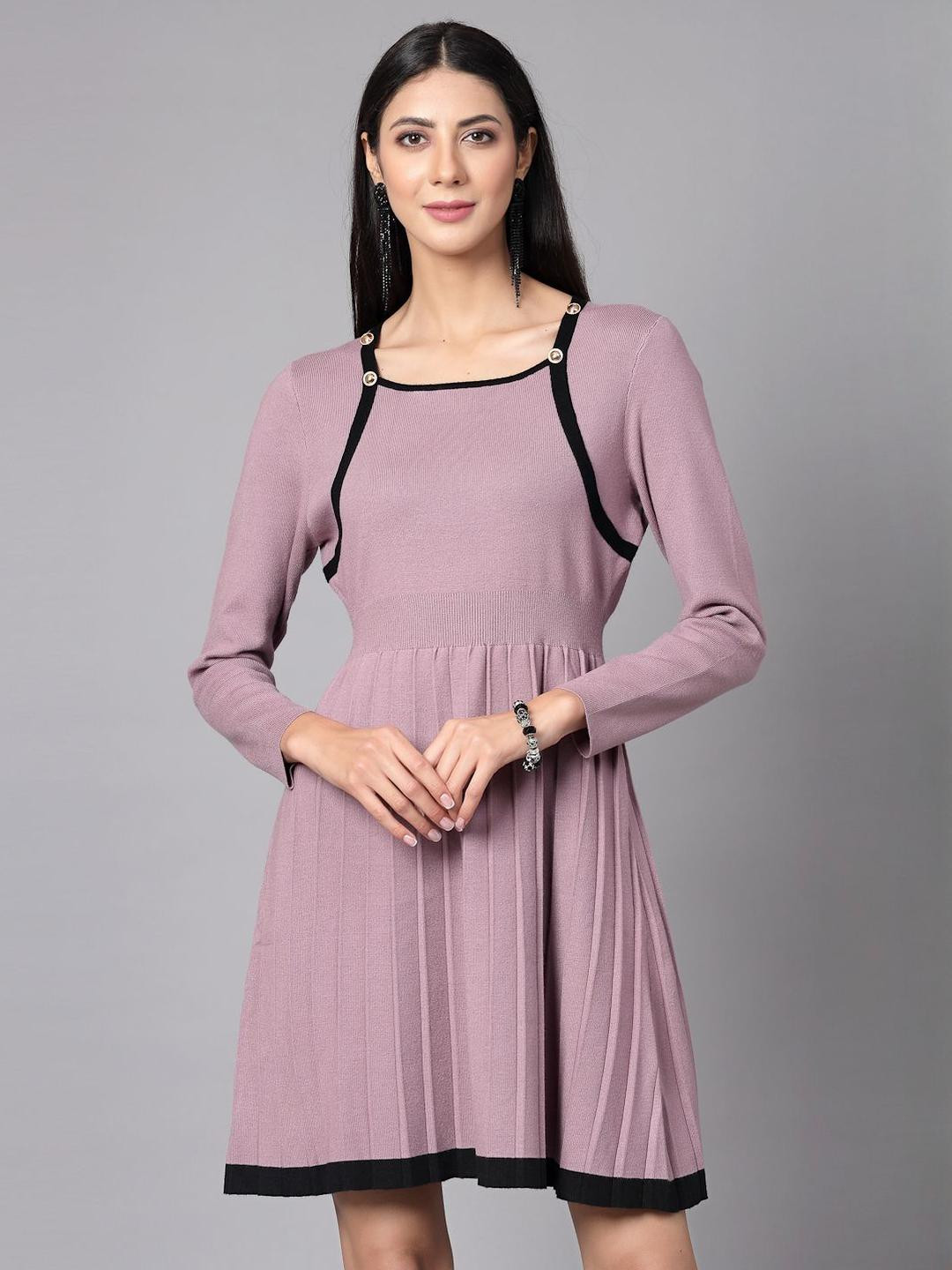 Mafadeny Women's Square Neck Knit Dress with Contrast Trim & Pleated Skirt