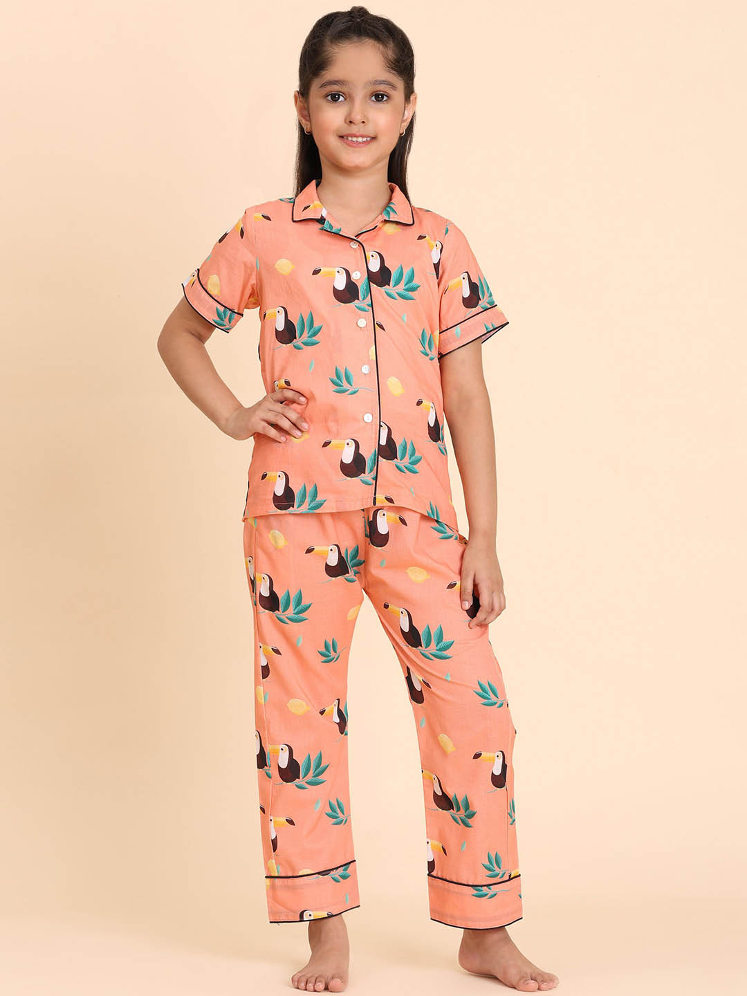 Maaesa Print Cotton Full Pant With Shirt Night Suit Set For Girls