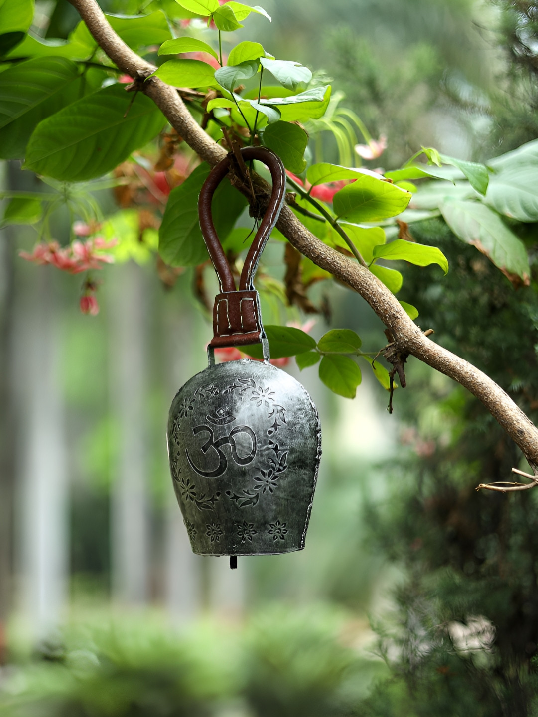 DULI Grey & Brown Embossed Om Design Metal Cowbell Windchime