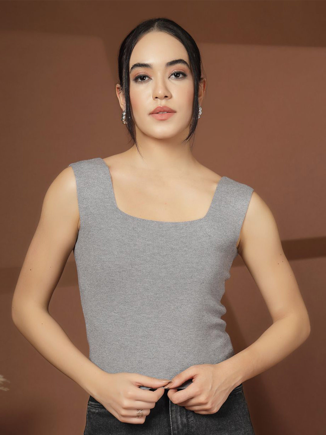Mafadeny Women Sleeveless Ribbed Square Neck Top