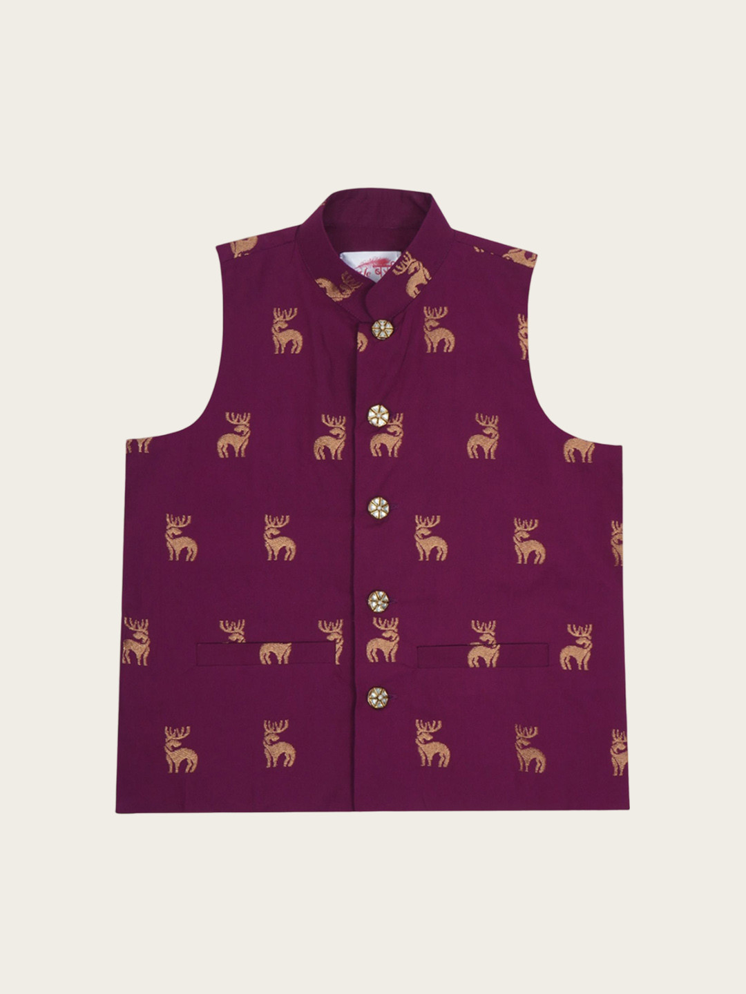 Little Bansi Infant Boys Deer Embroidered Pure Cotton Woven Nehru Jacket