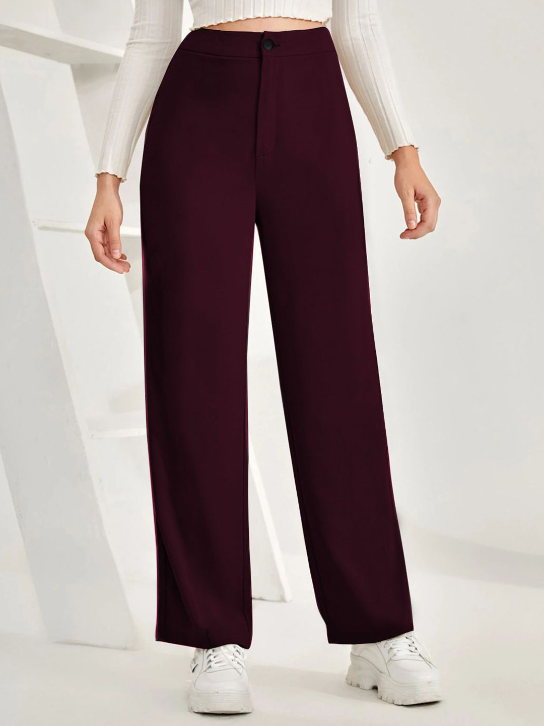 BAESD Women Relaxed Straight Leg Straight Fit Non-Iron High-Rise Stretchable Trousers
