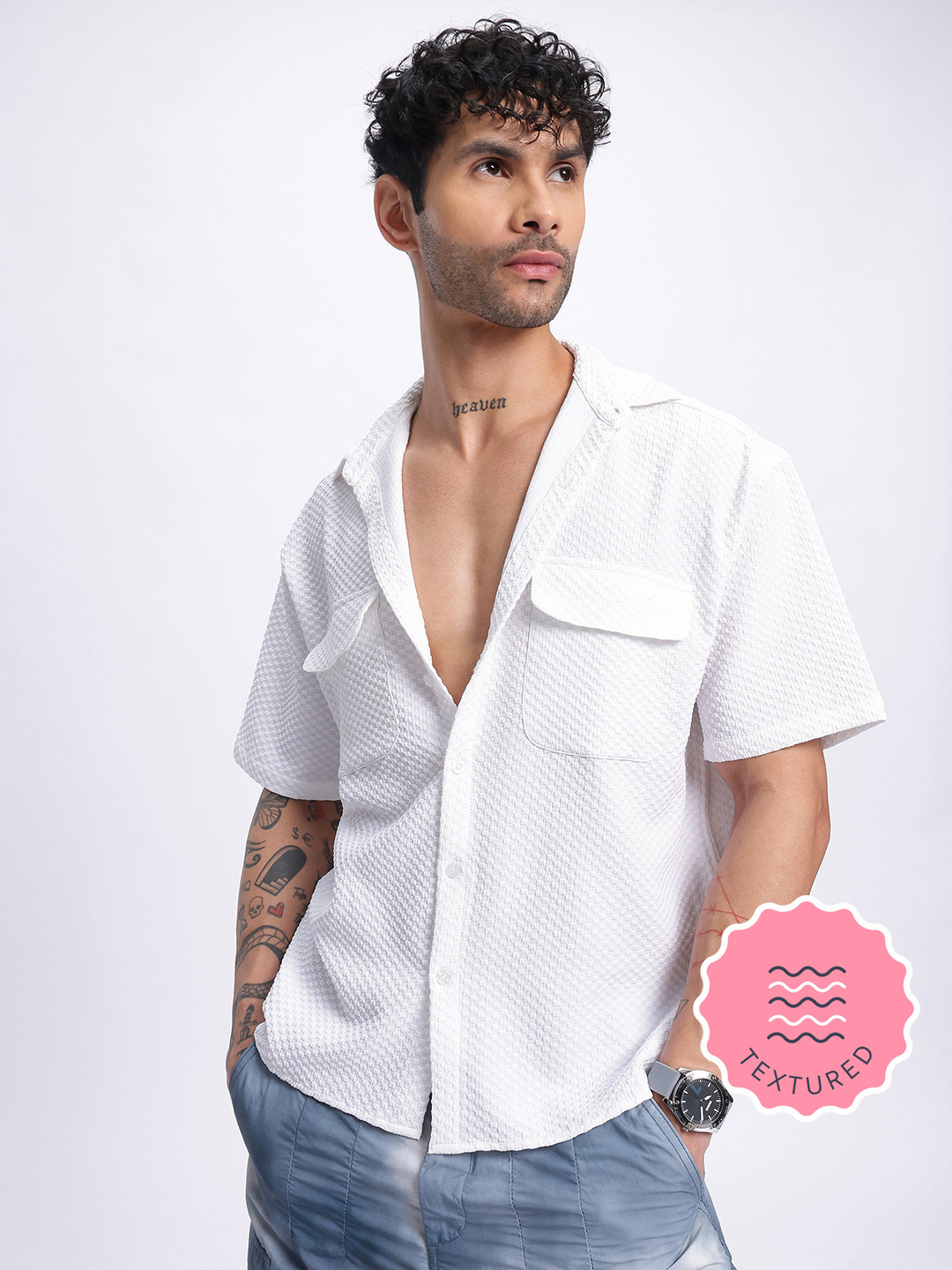 glitchez Textured Flap Pocketed Relaxed Shirt