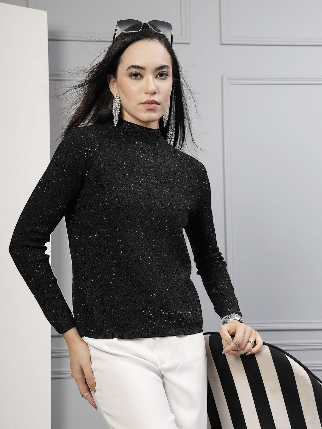 Mafadeny Women Shimmering Ribbed High Neck Sweater