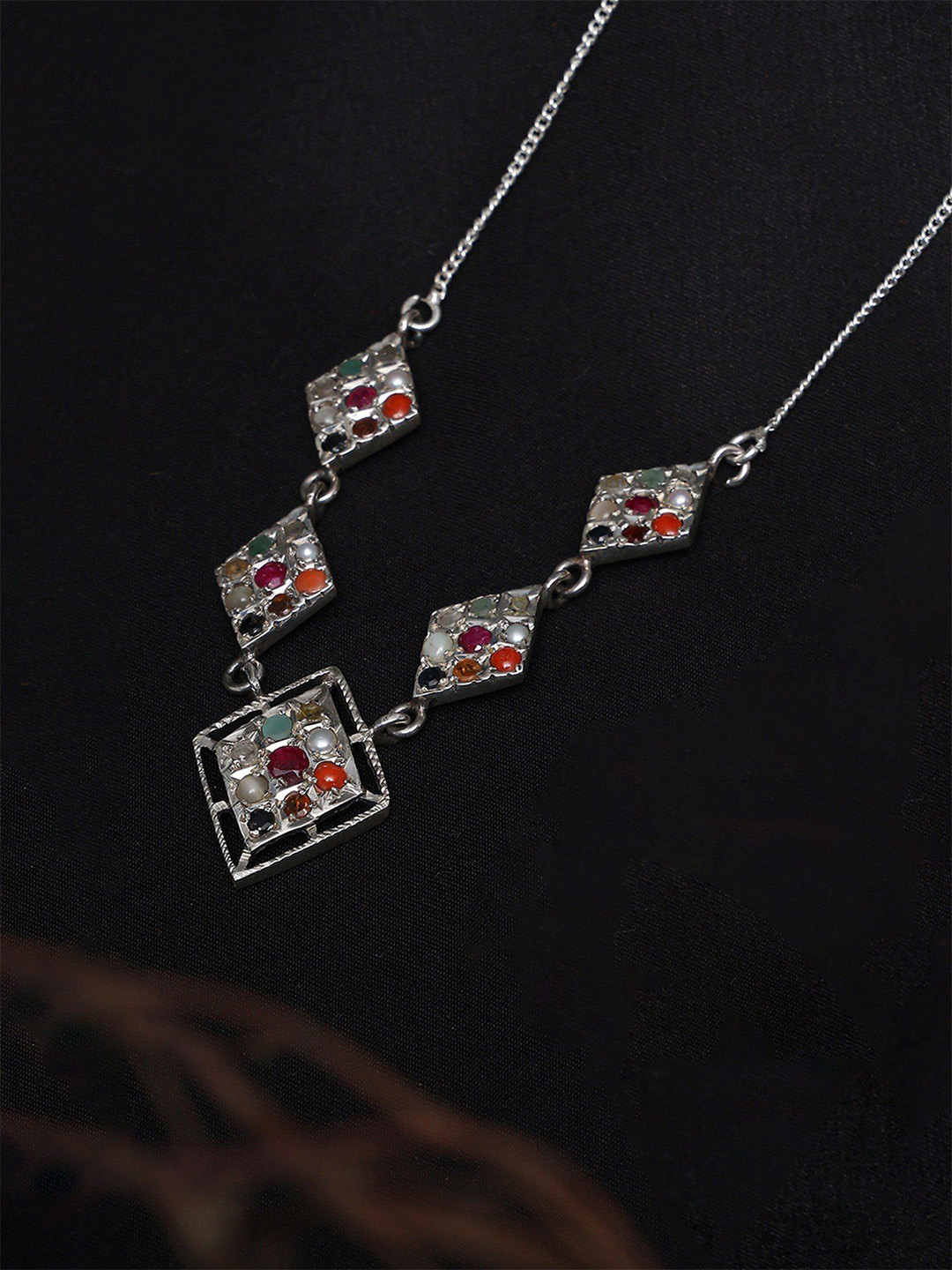 Exotic India Sterling Silver Real Stones Studded & Beaded Kite Shape Navaratna Necklace