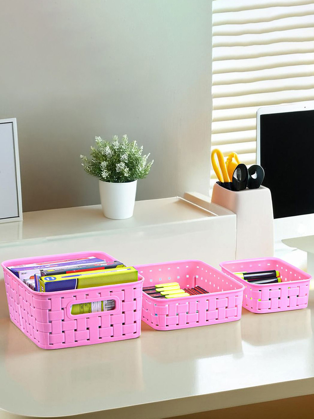 Kuber Industries Set of 3 Pink Desk Organiser Storage Basket
